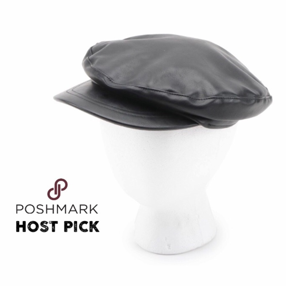 ✧ Black faux leather newsboy hat